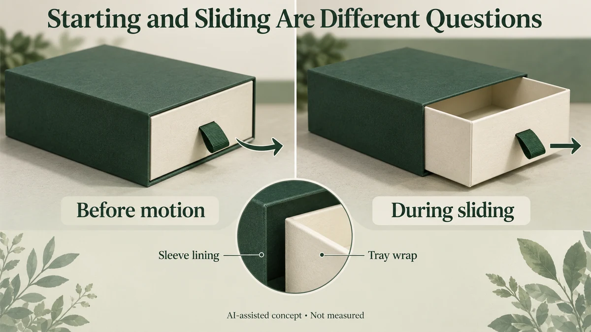 AI-assisted hypothetical jewellery drawer before motion and during sliding, identifying the tray-wrap and sleeve-lining contact pair.