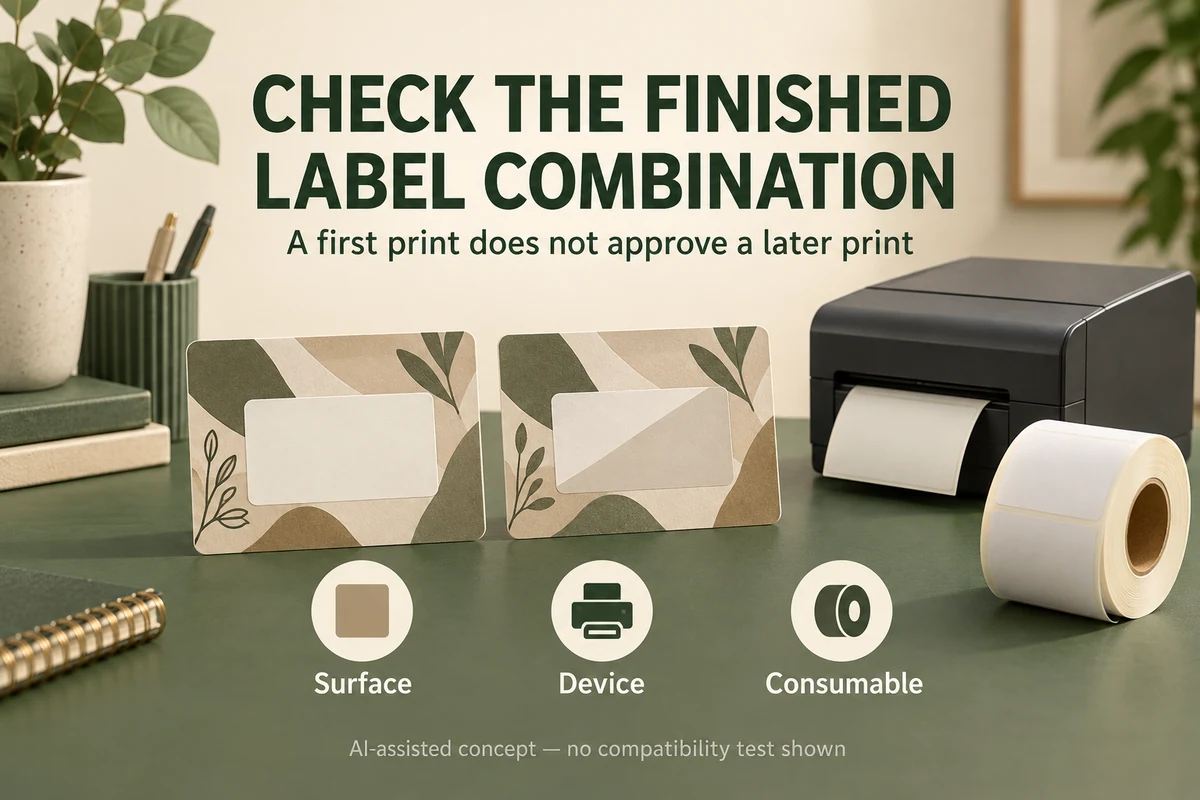 Hypothetical finished-label surface, generic printing device and unconfirmed consumable symbols.