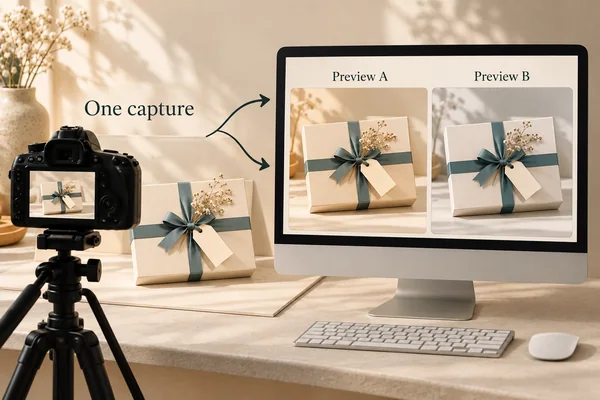 Camera and one cream ribboned gift pointing to two monitor previews of the same composition with warmer and cooler rendering