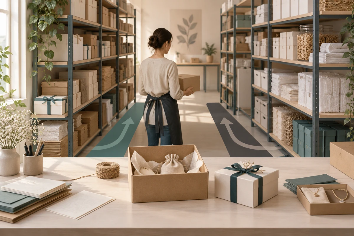 Warehouse shelving and a worker carrying a carton, with separate illustrated retrieval routes