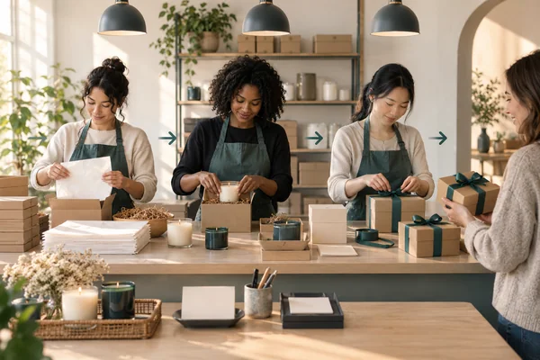 Three operators performing separate gift-packing tasks along a shared bench