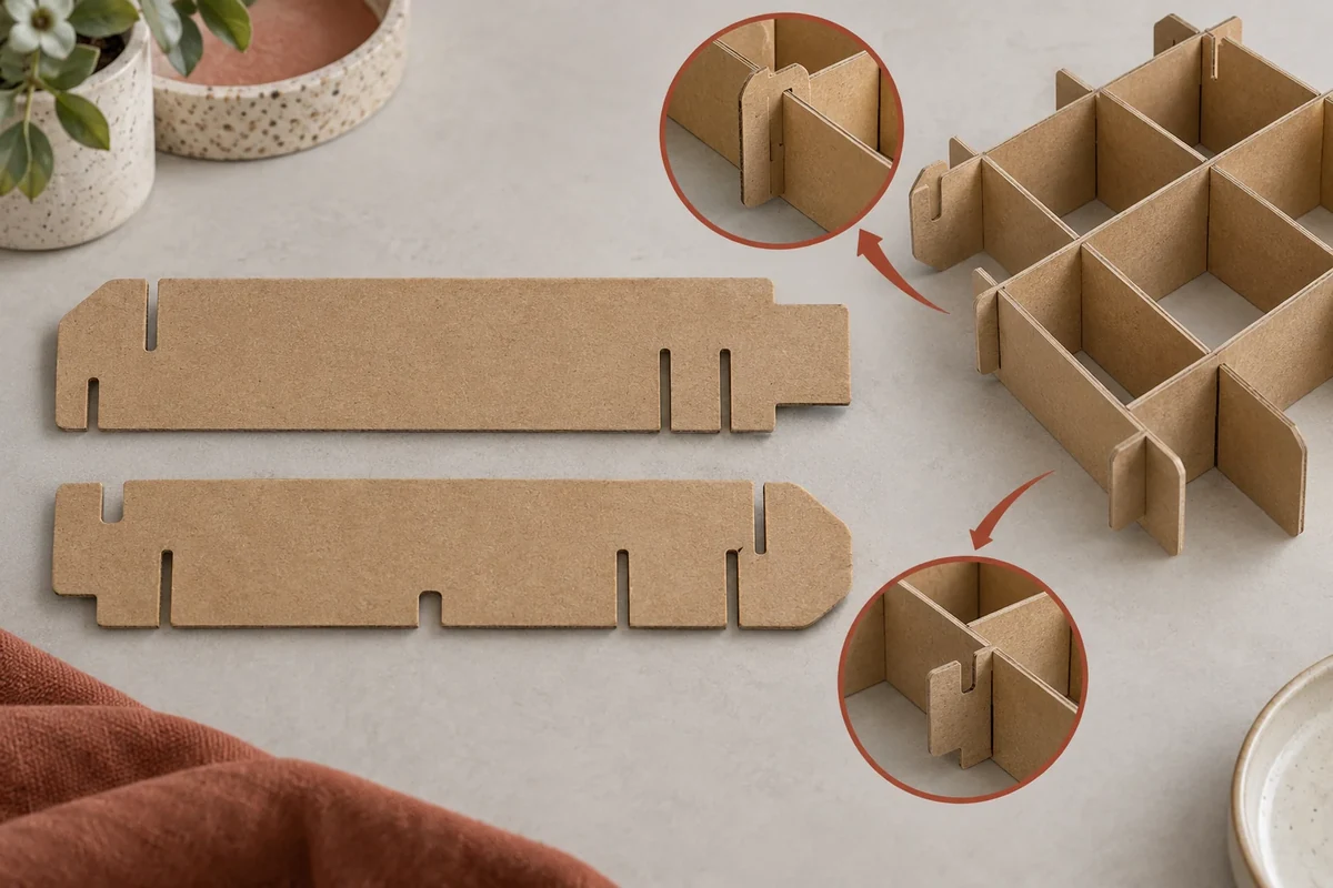 Different notched divider strips sit beside an uneven-cell grid with enlarged end-joint details.