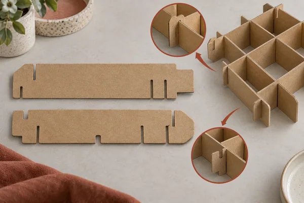 Different notched divider strips sit beside an uneven-cell grid with enlarged end-joint details.