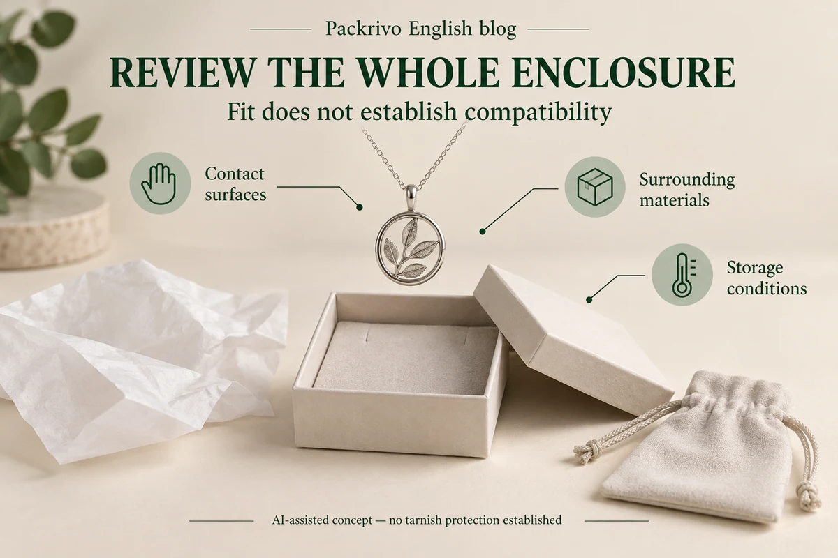 Silver-colored pendant concept and surrounding insert, tissue and pouch materials.