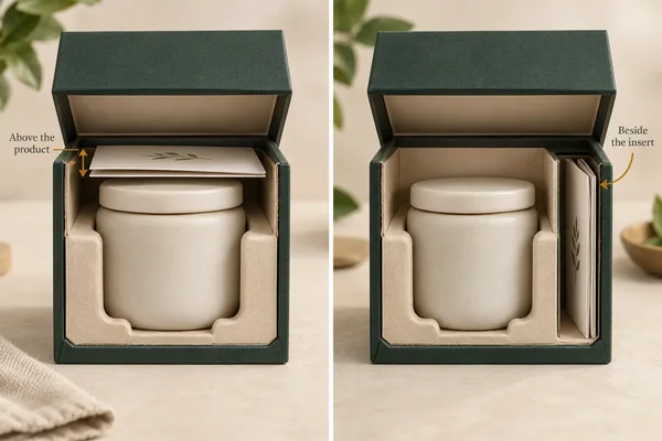 Two ceramic gift-box concepts compare a folded card above the vessel with a card beside the insert