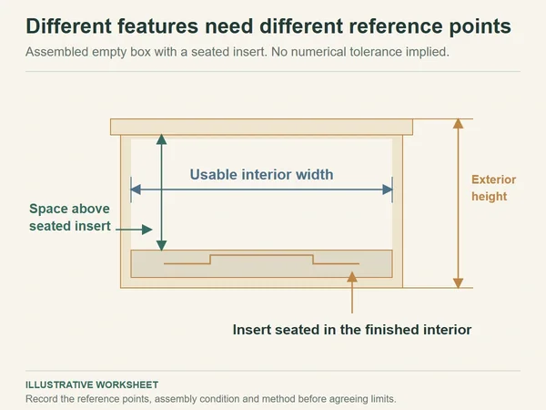 Cutaway of an assembled box distinguishing usable interior width, space above a seated insert and exterior height.