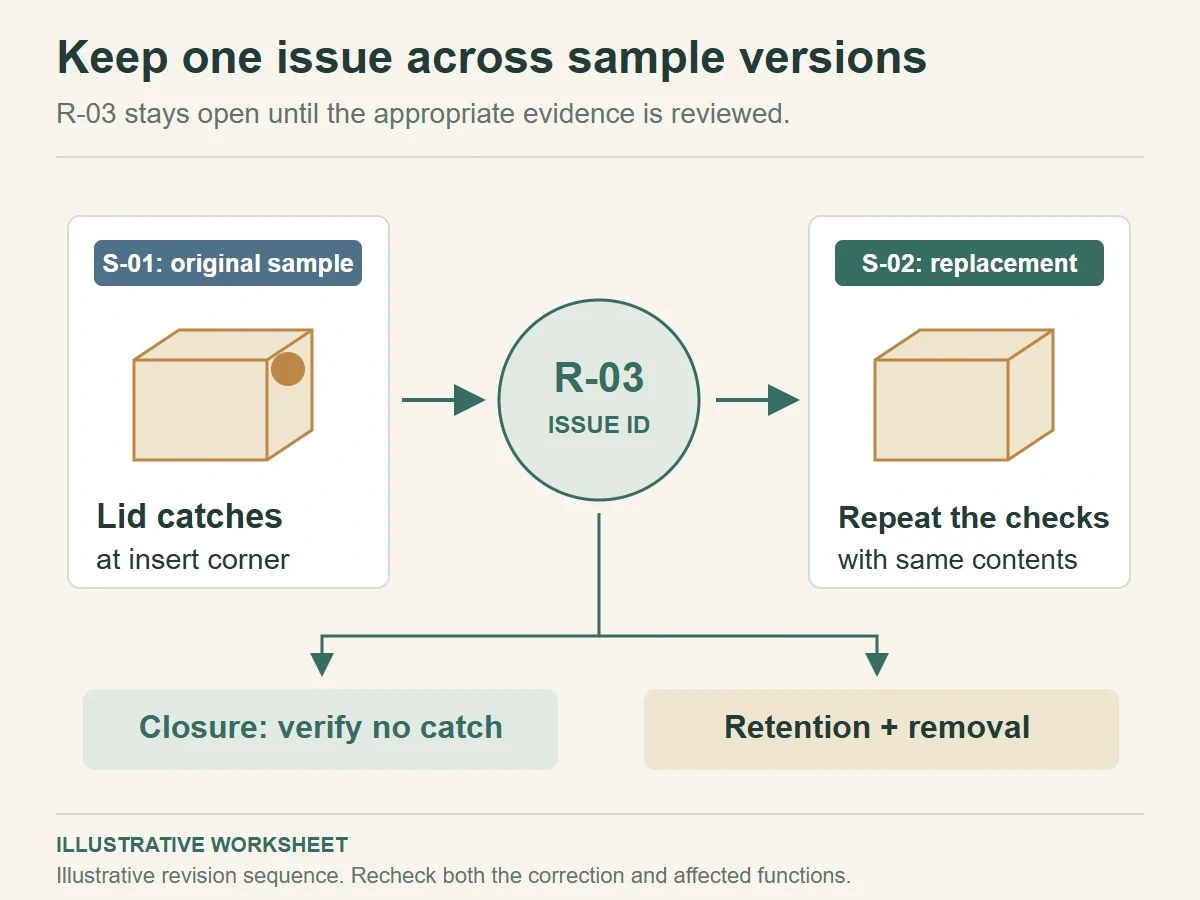 Concept comparison of sample S-01 and replacement S-02 for issue R-03, with the affected retention and removal checks kept open.