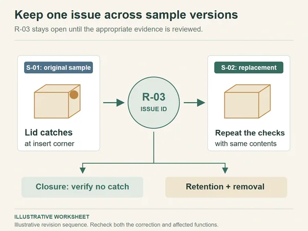 Concept comparison of sample S-01 and replacement S-02 for issue R-03, with the affected retention and removal checks kept open.