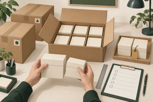 AI-assisted concept of a receiving desk with unopened cartons, gift boxes in an open carton and a separate tagged tray for goods awaiting a decision.
