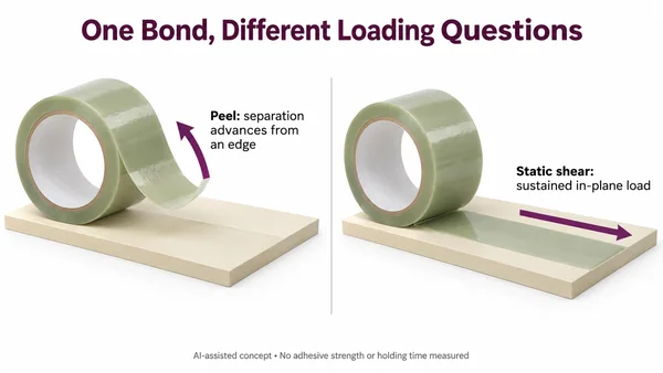 AI-assisted tape and board illustrations contrasting a lifted free-edge peel question with a parallel sustained-shear loading question.