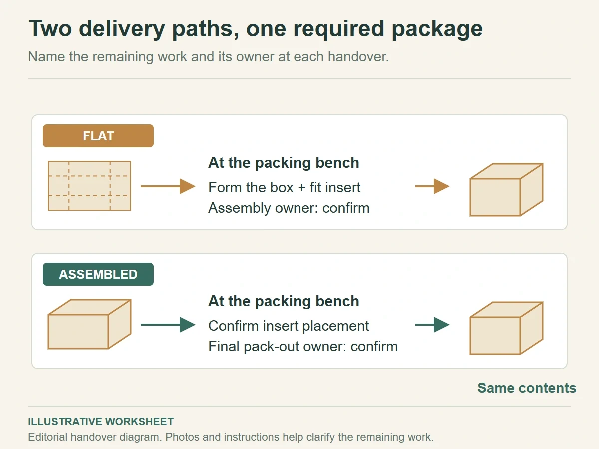 Parallel flat and assembled delivery paths showing work and ownership questions at the packing bench before the same completed package.