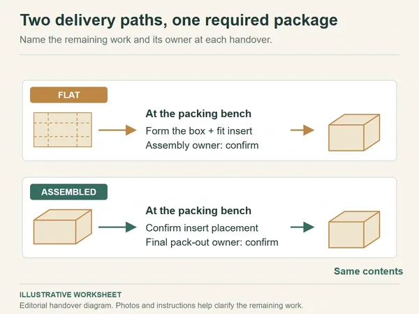 Parallel flat and assembled delivery paths showing work and ownership questions at the packing bench before the same completed package.