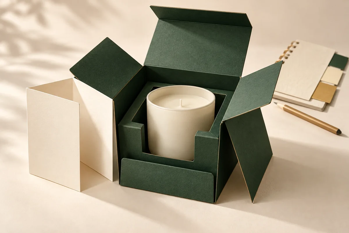 AI-generated editorial illustration of a candle gift box, fitted insert, folded care card and review notebook for packaging planning.