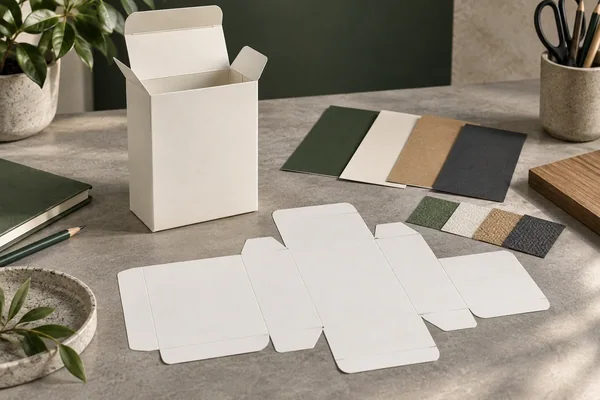 A blank carton, structural outline sheet and unmarked material swatches.