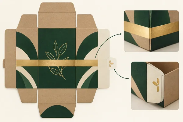 Foil-band carton concept connects the flat artwork to a formed corner and inner detail