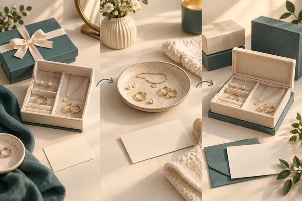 Jewelry displayed in an open box, placed on a dish and returned to a compartmented storage box