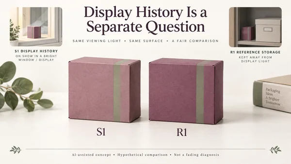 AI-assisted comparison of two hypothetical sleeved cartons S1 and R1 under one agreed viewing setting, with separate display and reference-storage histories.