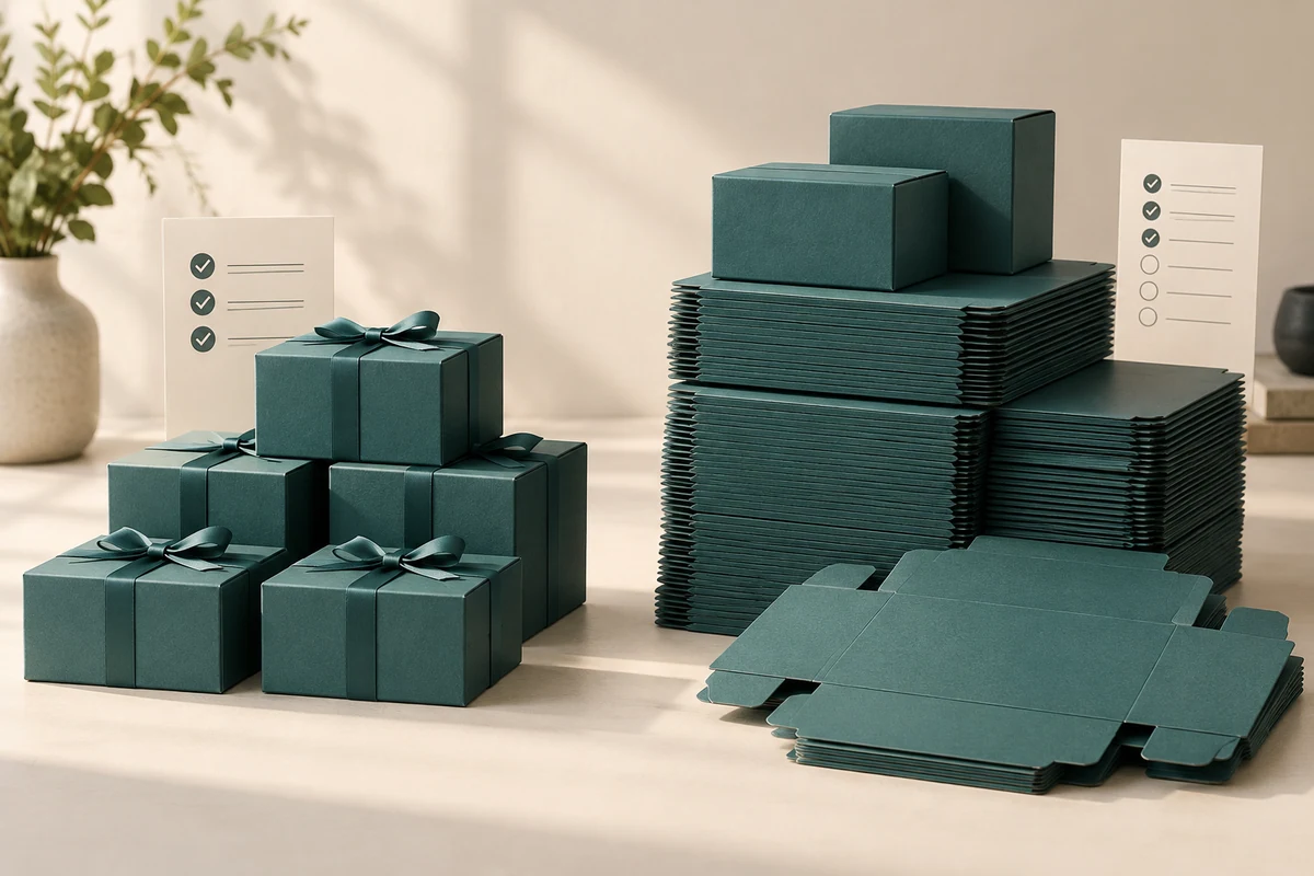 Small group of ribboned green boxes beside a larger stack of unused green blanks