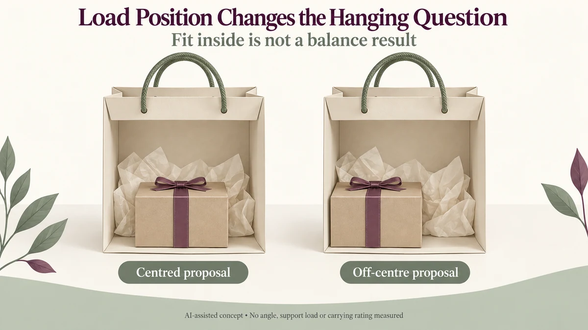AI-assisted cutaway proposals with one illustrative gift carton centred in the left carrier and clearly shifted toward the left wall in the right carrier.