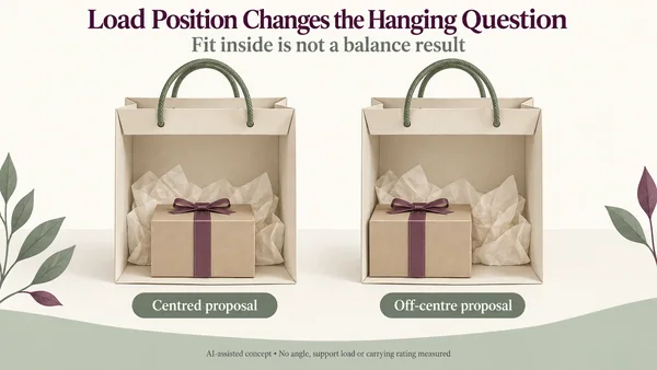 AI-assisted cutaway proposals with one illustrative gift carton centred in the left carrier and clearly shifted toward the left wall in the right carrier.