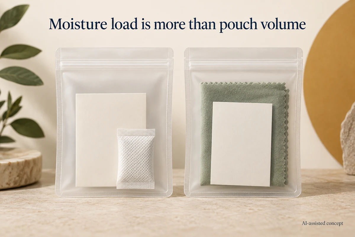AI-assisted concept. Two hypothetical same-sized pouch presentations contain different materials; no packet size, humidity or protection result is established.