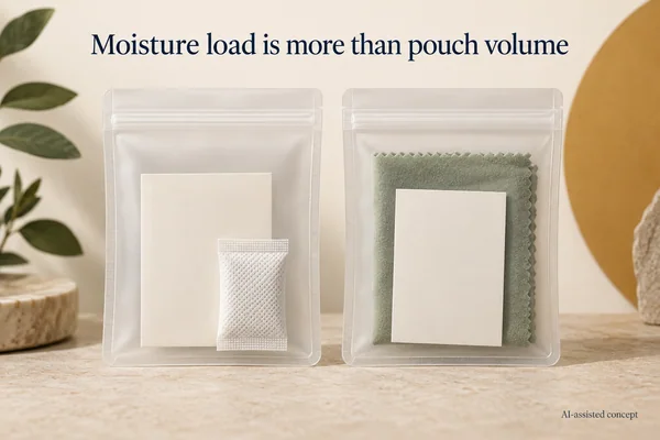 AI-assisted concept. Two hypothetical same-sized pouch presentations contain different materials; no packet size, humidity or protection result is established.