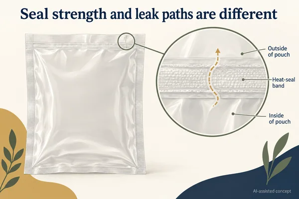 AI-assisted concept. The magnified route illustrates a hypothetical path across a seal, not an observed defect, actual channel size or leak rate.
