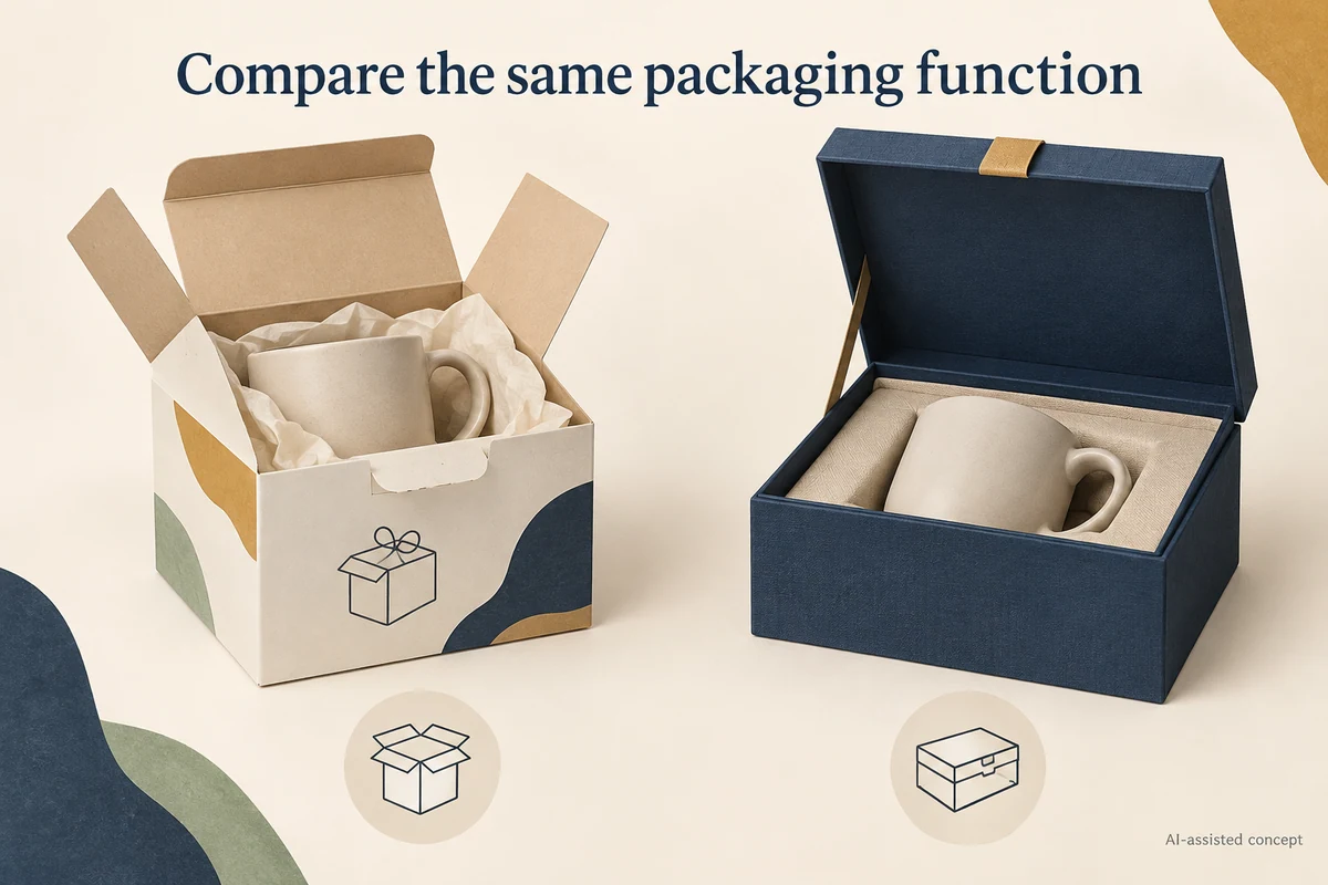 AI-assisted concept. Two hypothetical gift-pack concepts illustrate alternative systems; no equivalent performance or environmental ranking is established.