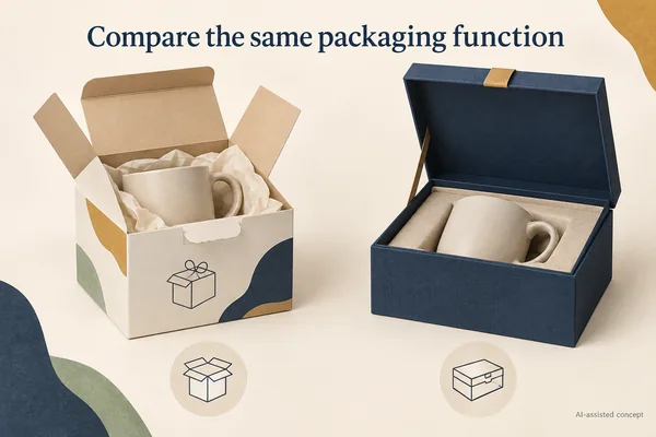 AI-assisted concept. Two hypothetical gift-pack concepts illustrate alternative systems; no equivalent performance or environmental ranking is established.
