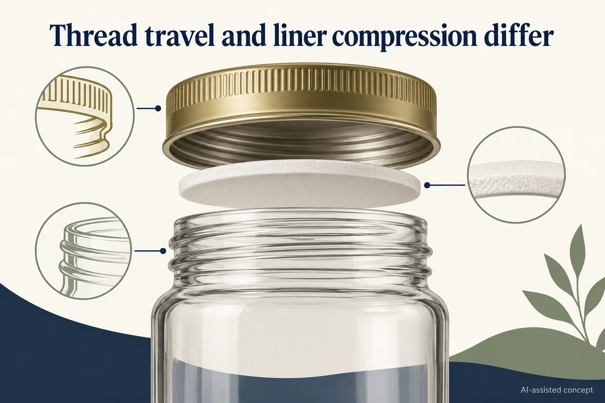 AI-assisted concept. A separated cap, liner and jar rim identify components, not a measured assembly or sealing result.