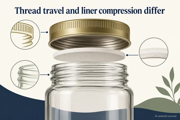 AI-assisted concept. A separated cap, liner and jar rim identify components, not a measured assembly or sealing result.