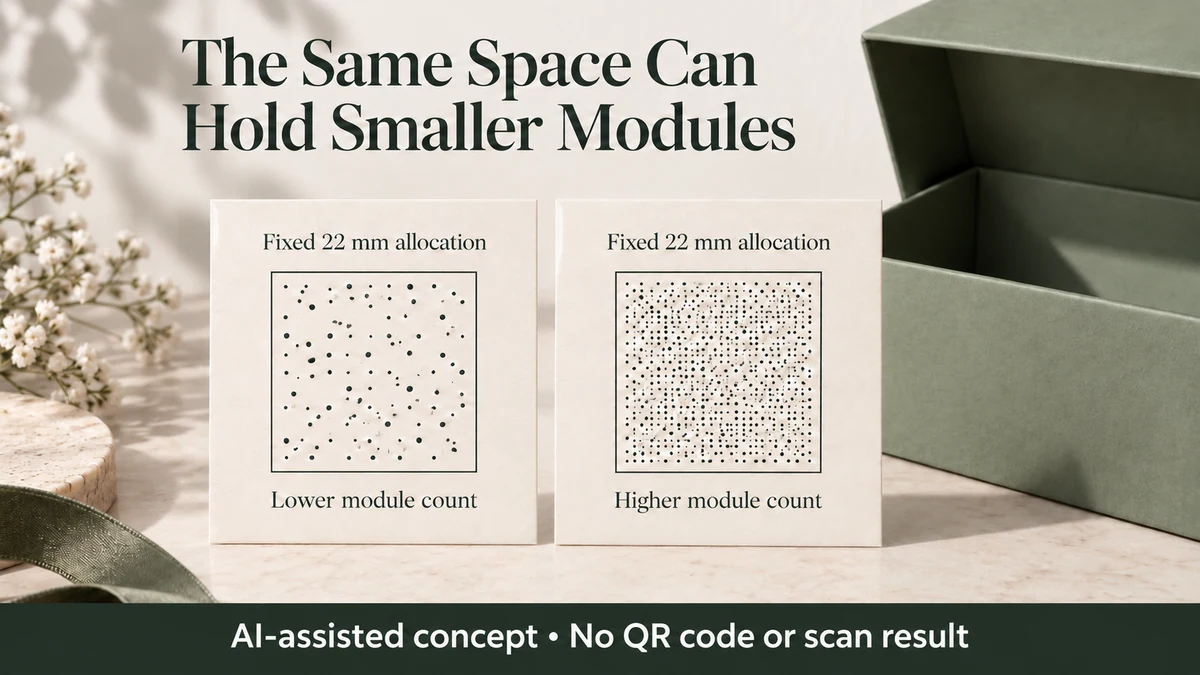 AI-assisted care-card concept comparing equal reserved print areas with lower and higher conceptual module counts, without working QR patterns.