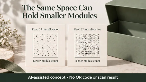 AI-assisted care-card concept comparing equal reserved print areas with lower and higher conceptual module counts, without working QR patterns.