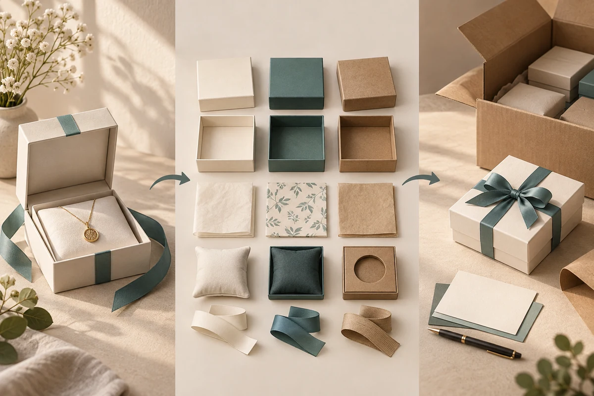 Gift box, inserts, cards and ribbons displayed as separate presentation service parts