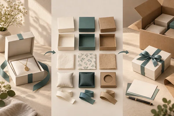 Gift box, inserts, cards and ribbons displayed as separate presentation service parts