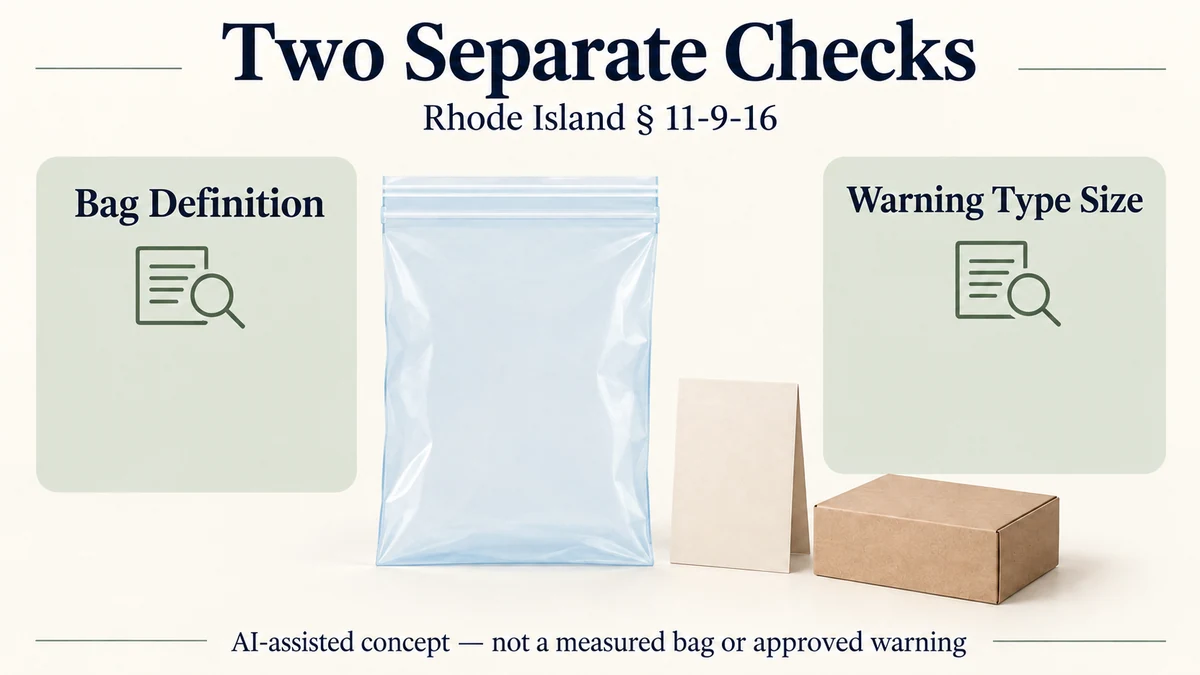 AI-assisted hypothetical protective bag with separate bag-definition and warning-type-size review areas, scoped to Rhode Island section 11-9-16.