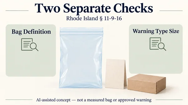 AI-assisted hypothetical protective bag with separate bag-definition and warning-type-size review areas, scoped to Rhode Island section 11-9-16.