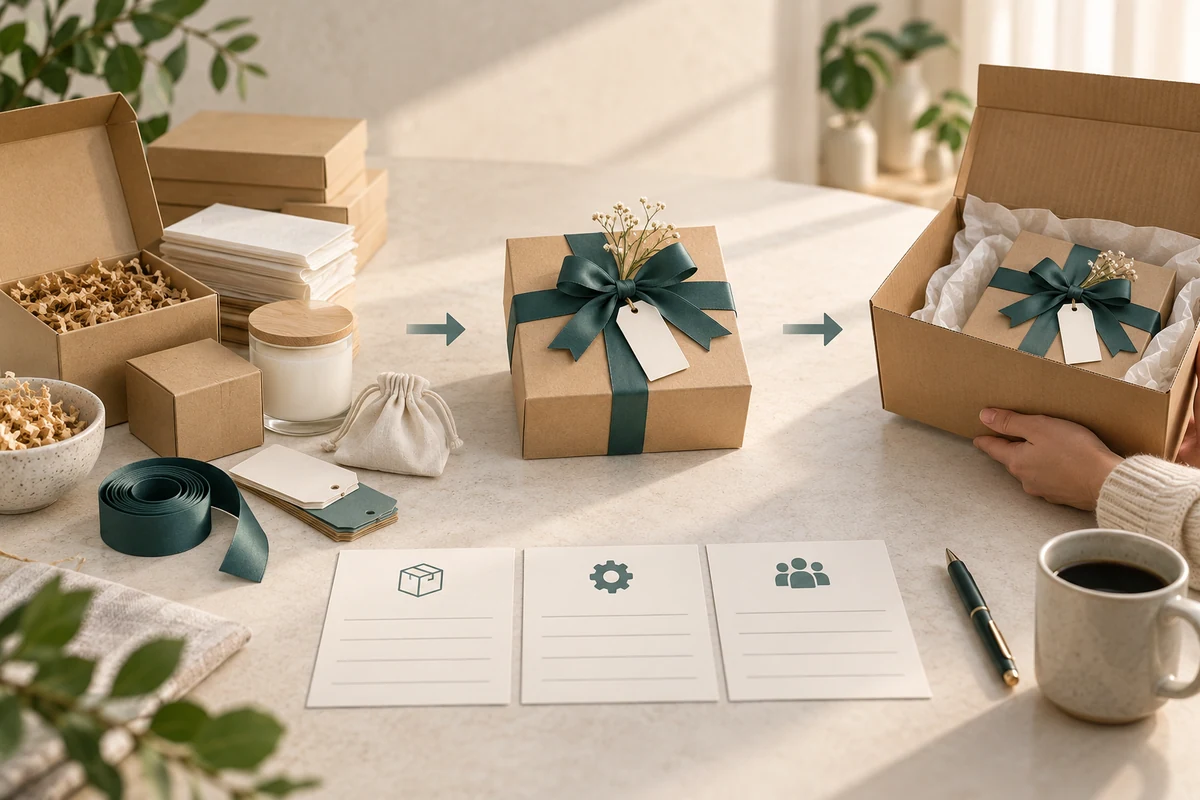 Packaging preparation, a completed gift and a dispatch carton beside task icon cards