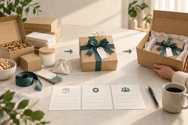 Packaging preparation, a completed gift and a dispatch carton beside task icon cards