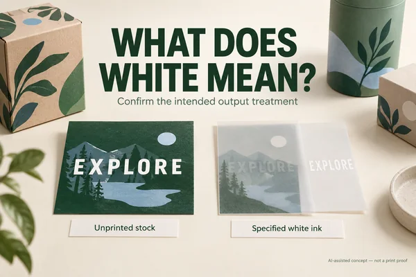 Hypothetical unprinted-stock and specified-white-ink intentions for packaging artwork.