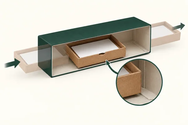 Loaded tray moves through a two-ended sleeve with staged travel positions and enlarged inner seam contact.