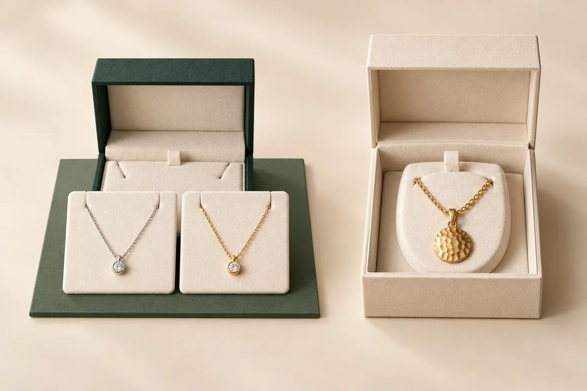 AI-generated editorial illustration of two small necklace products grouped with one green box design and a larger pendant in a separate ivory box.