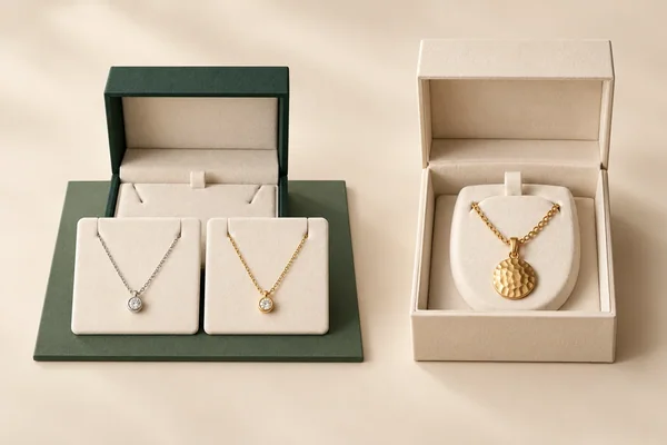 AI-generated editorial illustration of two small necklace products grouped with one green box design and a larger pendant in a separate ivory box.