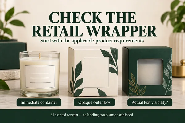 Hypothetical unlit candle container, closed opaque gift box and closed windowed wrapper.