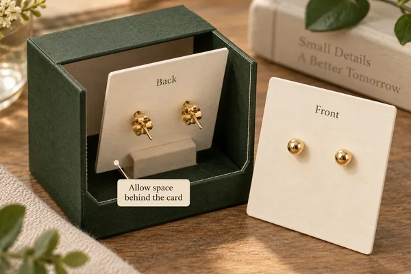 Earring-card fronts beside a rear card with posts and backs projecting into the box