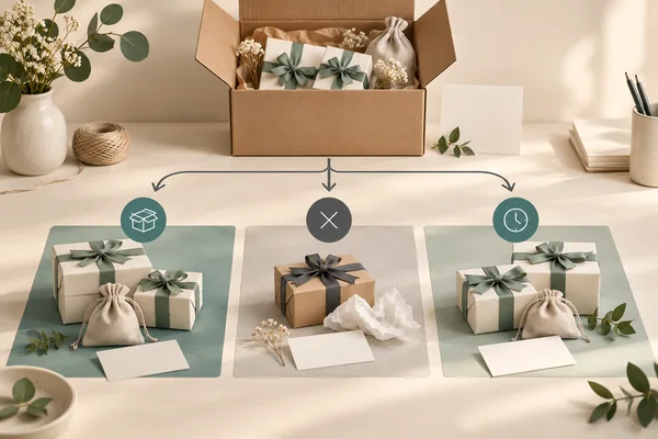 Partial packaging delivery branching into received, unavailable and pending groups represented by icons