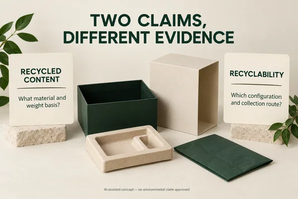 Separate recycled-content and recycling-route questions beside hypothetical package components.