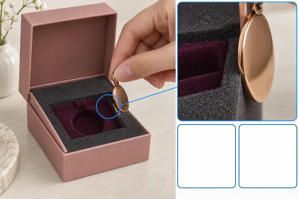 Hand brings a pendant beside an exposed foam cut face, with a related contact close-up and blank observation fields.