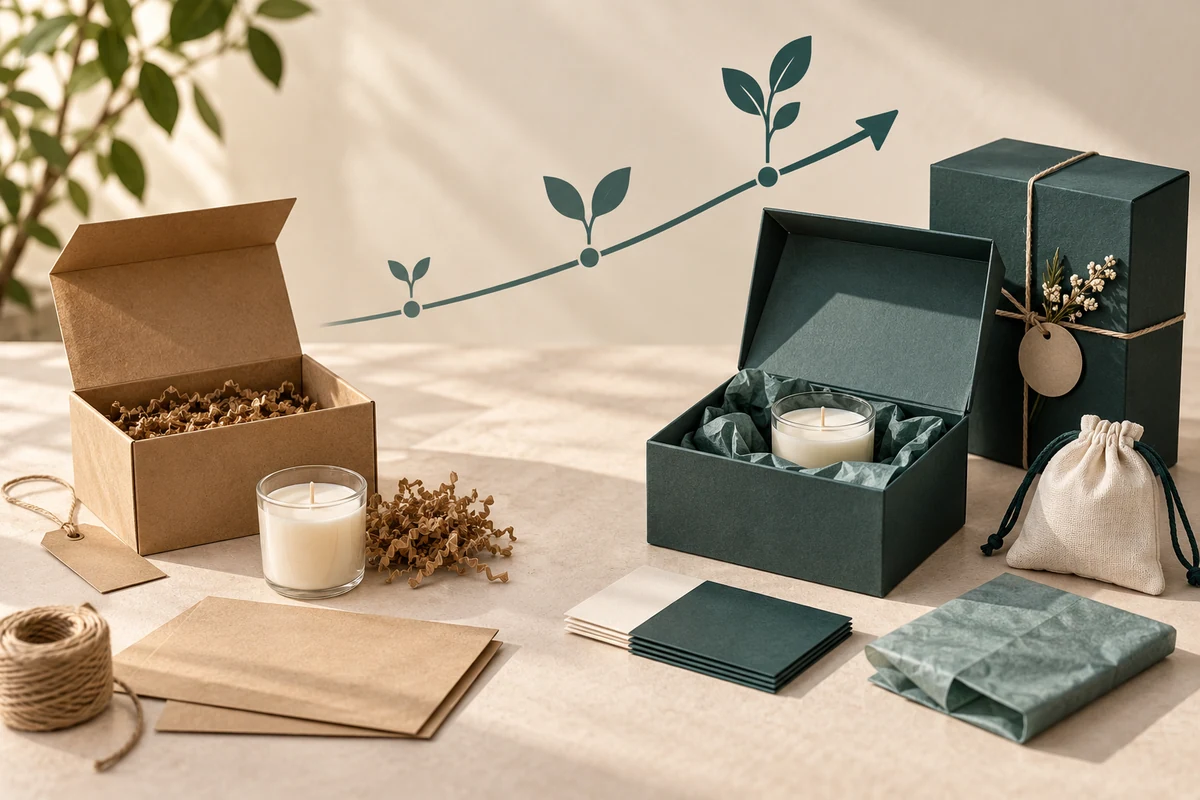 Open kraft box with loose filler beside an open green candle box and closed green gift boxes, with a decorative upward leaf arrow.