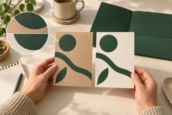 Illustrative printed layouts on kraft and ivory paper beside a magnified surface detail